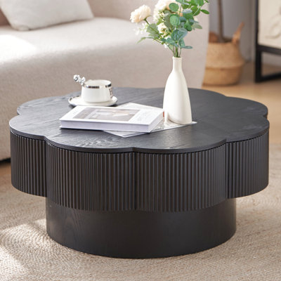 Flower Shaped Coffee Table, 31.67", Black, Natural Wood Veneer, For Office And Apartment, Strong Structure, Hidden Storage Space, Easy Maintenance 31.67" Plum Blossom With Grain, Living Room,