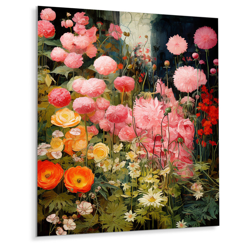 Enigma, fleurs de jardin roses et vertes 4 - tachisme, art mural en métal, H 20 po x l 12 po x P 1 po