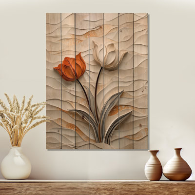 Beige dansant sérénade de tulipe I - art mural traditionnel en bois sur bois de pin naturel