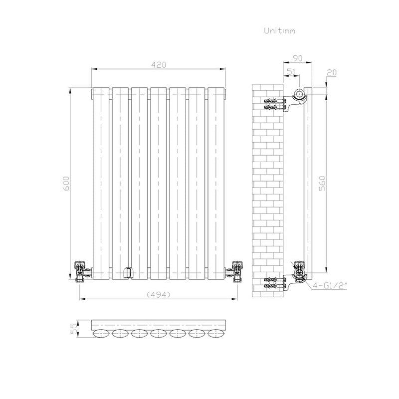 iBathUK Princia Horizontal Single Oval Panel Radiator, 600cm H x 420cm W x 55cm D, Grey