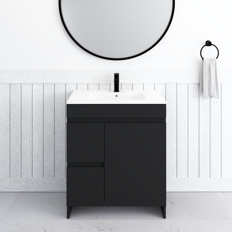 Shalem 30'' Single Bathroom Vanity with Porcelain Top, Black