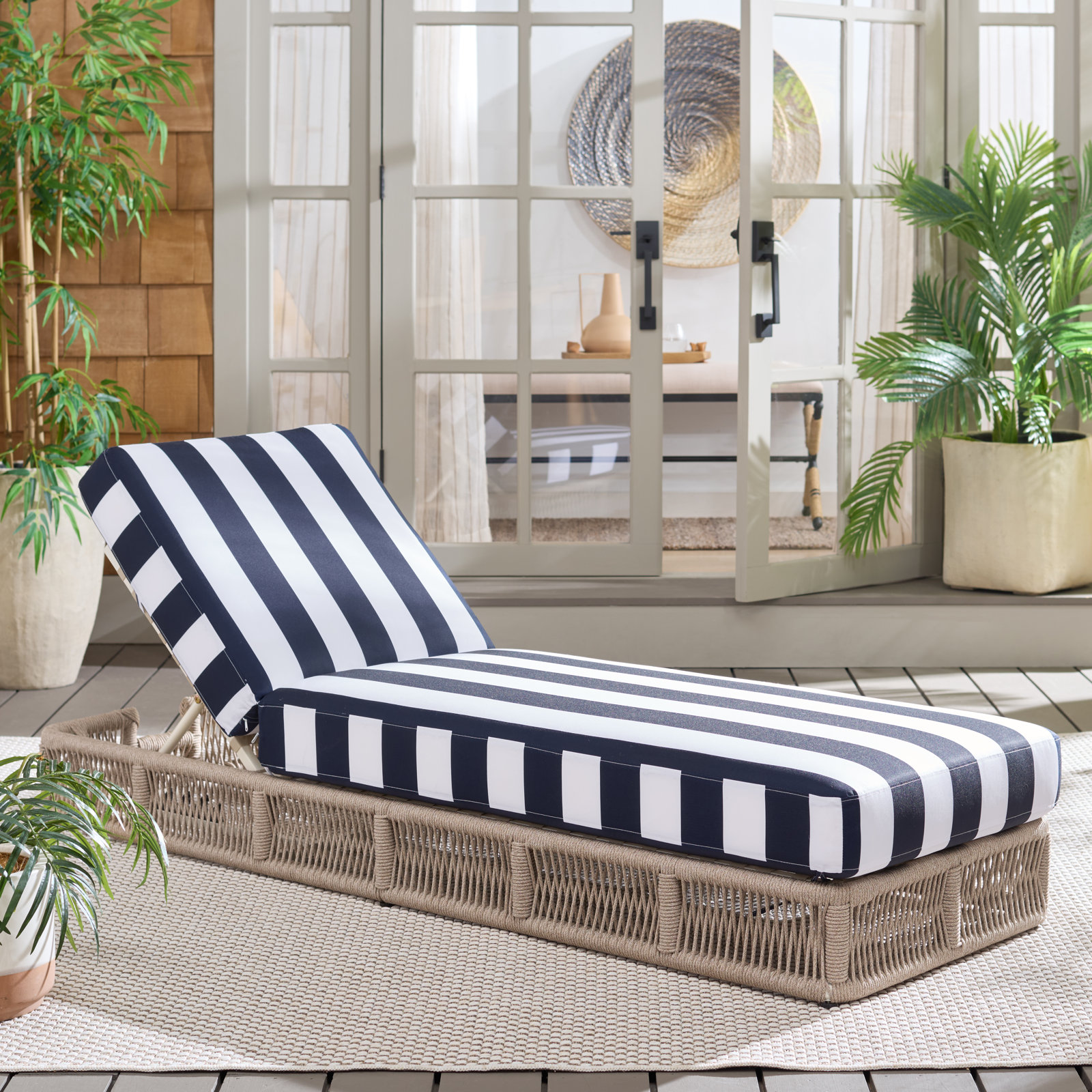 Langley 25" Patio Chaise Lounge, Tan Frame/Navy Cushion