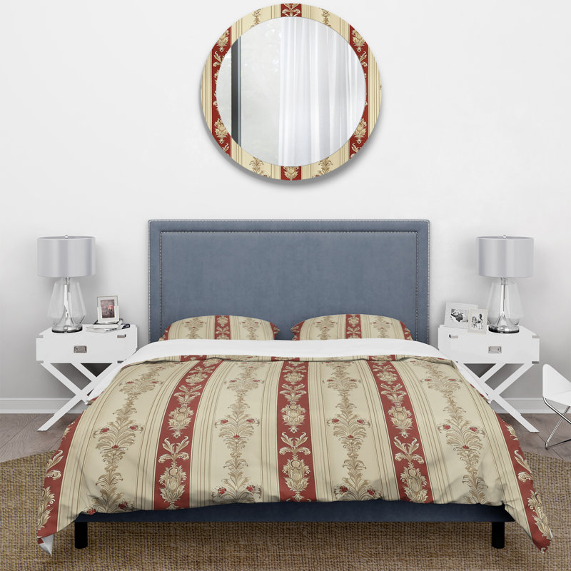 Ensemble de housse de couette beige et blanc damassé à rayures II, Housse de couette pour grand lit et 2 taies décor