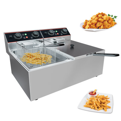 Friteuse commerciale à double cuve en acier inoxydable commerciale, double cylindre 23 pte / 11 litres avec deux paniers, couvercles amovibles, température réglable de 140 à 392 ° F, interrupteurs indépendants, pour la maison et le bureau.