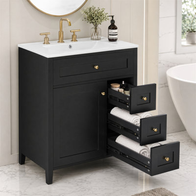 Meuble-lavabo autoportant 30 po avec lavabo 30 po, noir, 3 tiroirs, tablette réglable, capacité de 100 lb, robinet non inclus