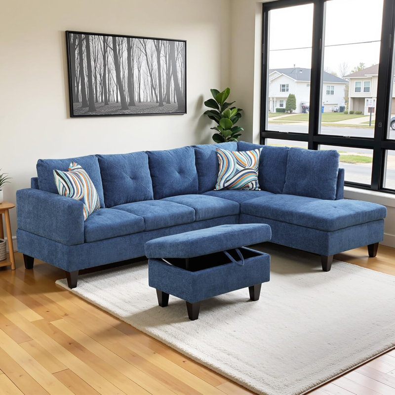 3-Piece Linen Sectional Sofa, Right Hand Facing, Blue
