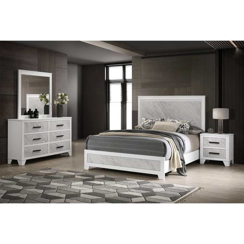 Bains Faux Marble Inset 4-Piece Bedroom Set, Queen, 4 Pieces: Bed; Nightstand; Dresser; Mirror
