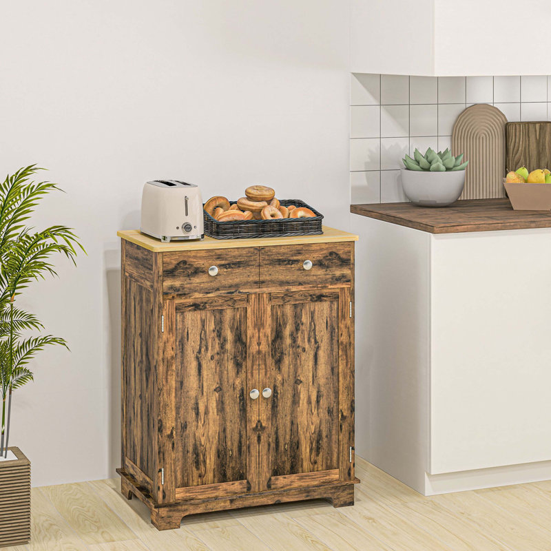 Buffet avec comptoir en bois massif Daneel, armoire de cuisine moderne, armoire à café avec 2 tiroirs, portes et tablette réglable