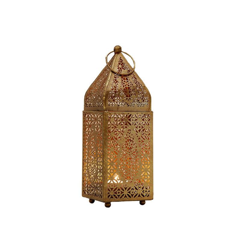 Petite lanterne de style marocain ornée de bougies Bungalow Rose, lanterne dorée antique, porte-lanternes décoratives pour mariage d'inspiration indienne, Eid, Ramadan, événements, 2,9 po de diamètre et 9 po de hauteur