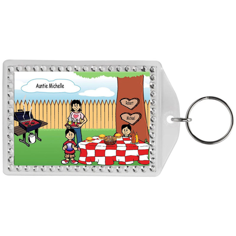 Personalized Name That Toon Family Backyard Barbeque Single Mom 2 boys Rhinestone Bordered Key Chain, Yes