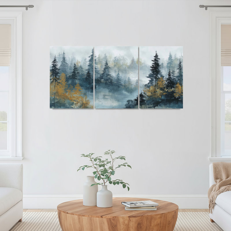 Ensemble de 3 toiles murales représentant un paysage de forêt brumeuse, H 18 po x l 36 po