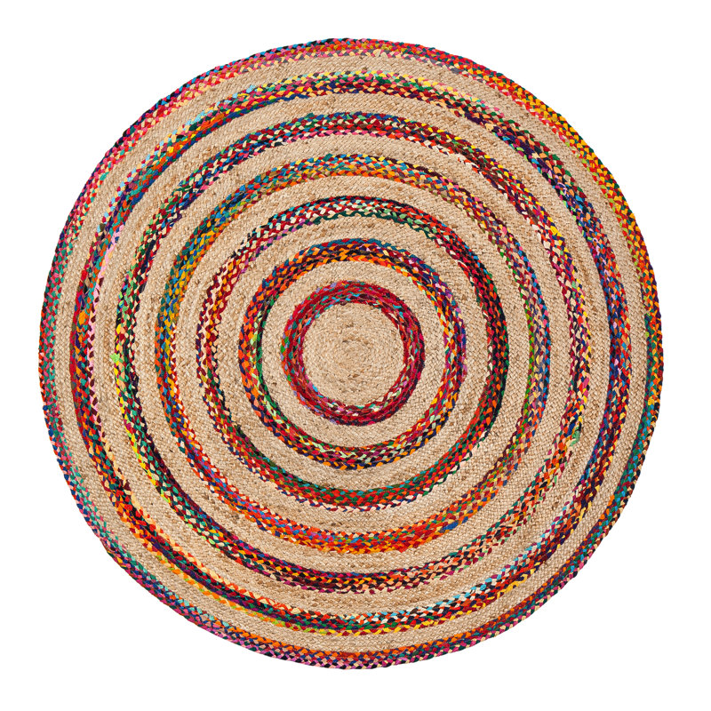 Tapis géométrique beige en coton tressé à la main, Rond 6 pi