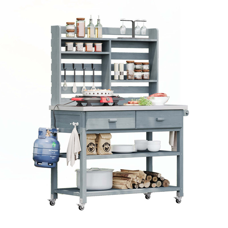 Banc de rempotage d'extérieur 64,9 "avec roues verrouillables, îlot de cuisine extérieur en bois massif avec huche supérieure