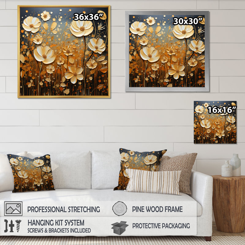«Wildflowers Golden Petals Pointillism Dot» - Art mural sur toile fleurs sauvages, Cadre naturel flottant