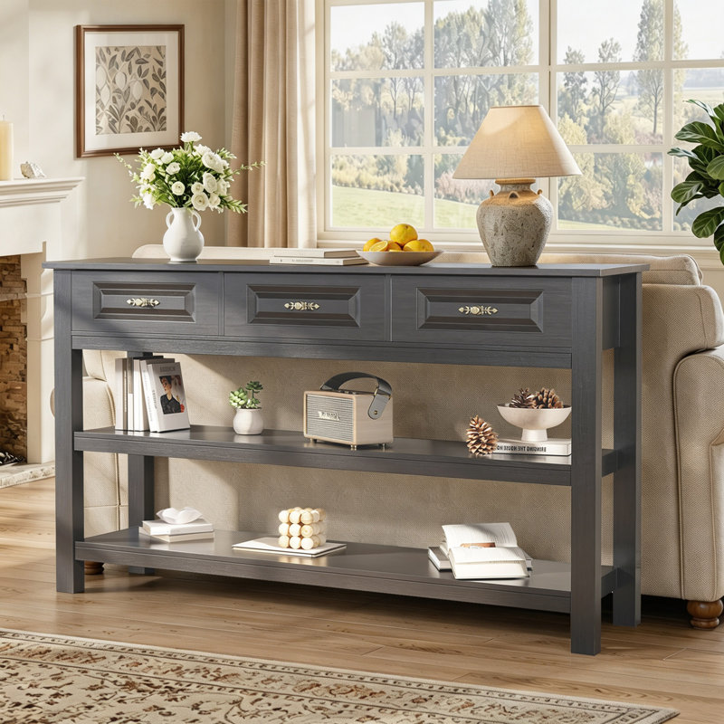 Console avec 3 tiroirs et tablettes ouvertes Elysian Farmhouse, Taupe