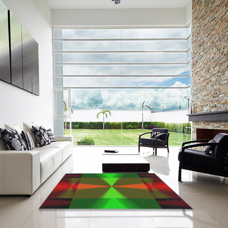 Tapis vert/rouge/orange à motifs, Carré 8 pi