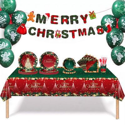 Christmas Party Supplies 468PCS for 50 Guests, 9 Inch and 7 Inch Paper Plates with Cups Napkins Cutlery Straws Banner Balloons, Red Green Gold