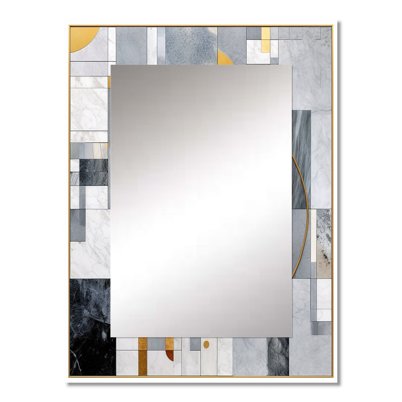 Grey and Yellow Mosaic I - Abstract Shapes Decorative Wall Mirror, Gray Mirror, Printed Metal Art, 32" x 24"