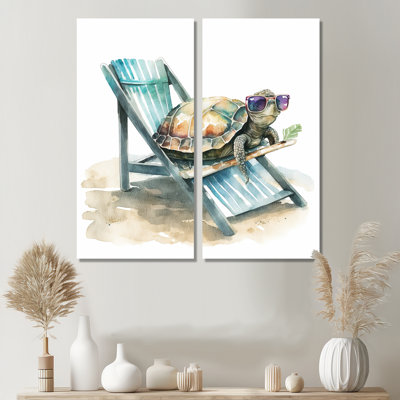 Tortue couchée sur une chaise de plage avec lunettes de soleil II - animaux, impressions sur toile