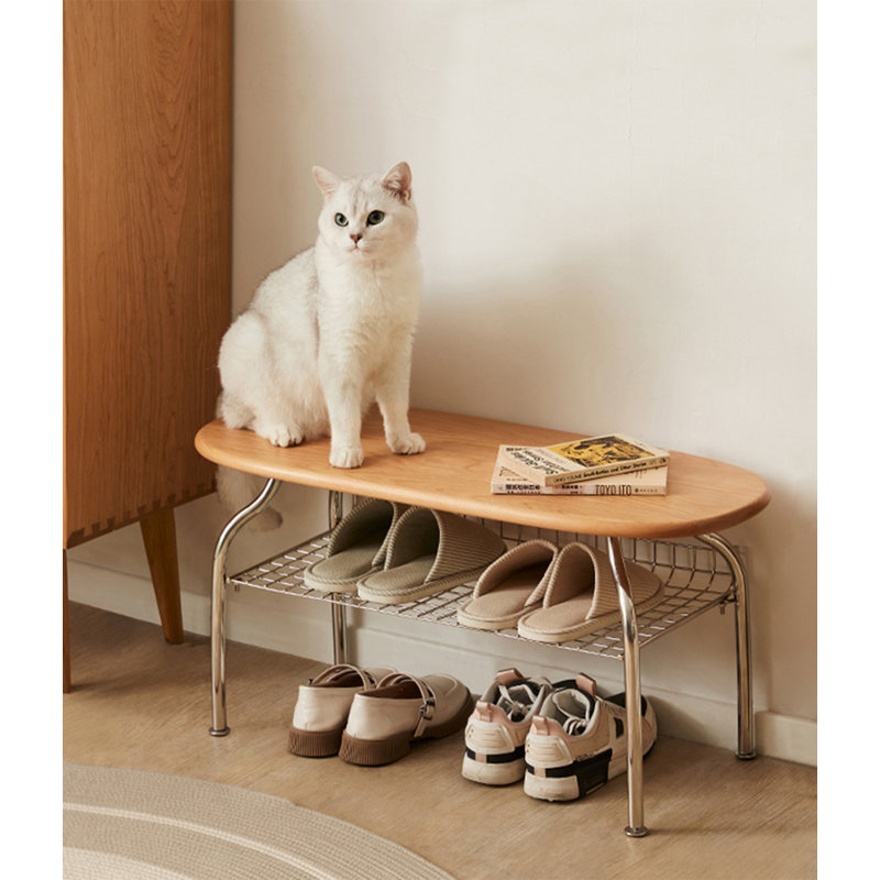 Simple Cherry Wood Stainless Steel Leg Shoe Changing Bench