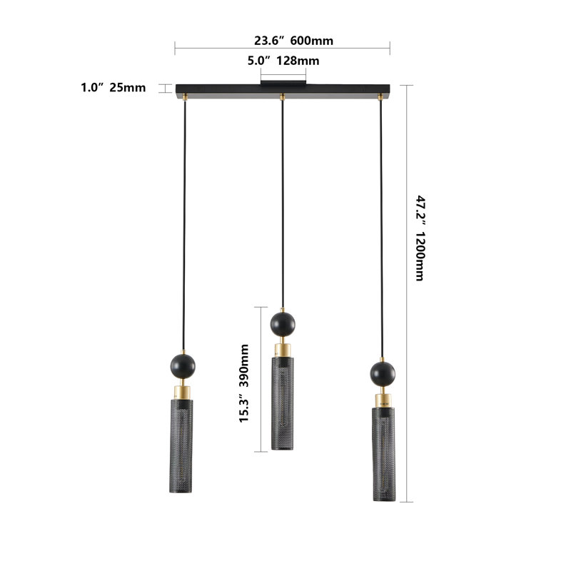 Lustre suspendu 3 lumières, lumières suspendues réglables avec abat-jour cylindriques en maille