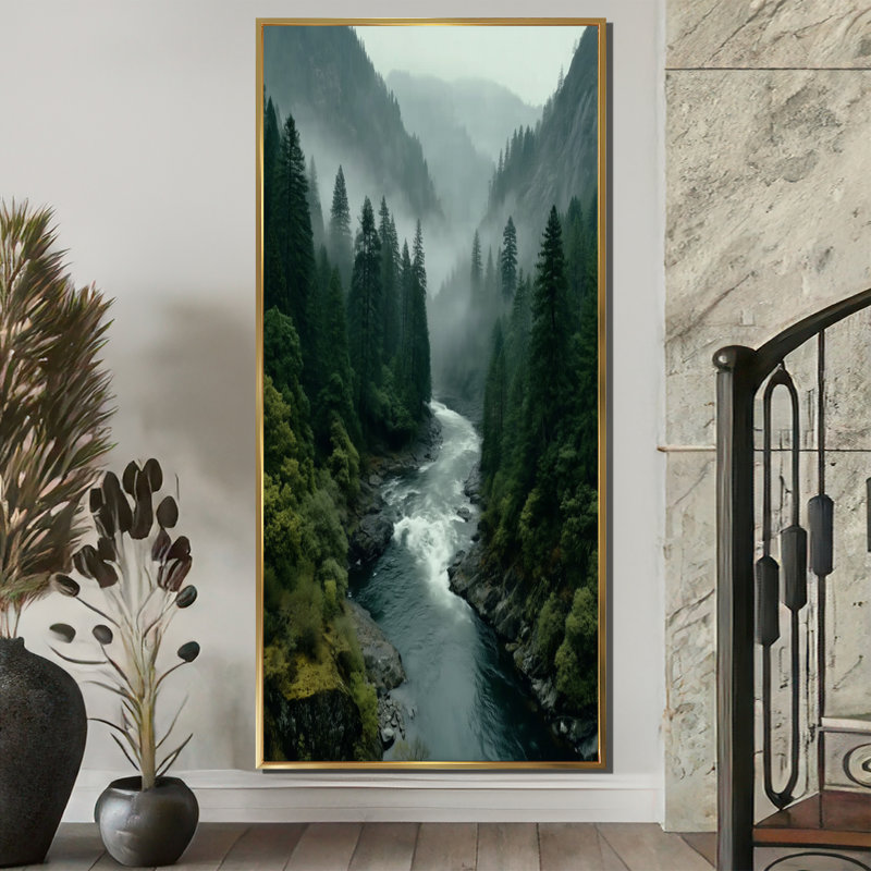 «Morning Mist In The Vancouver Mountains - Forest River Mountains, reproduction d'art sur toile, paysage vert», Doré