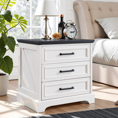 Farmhouse 22.4'' W Nightstand With Charging Station, Rustic  End Table With 3 Large Drawers 
