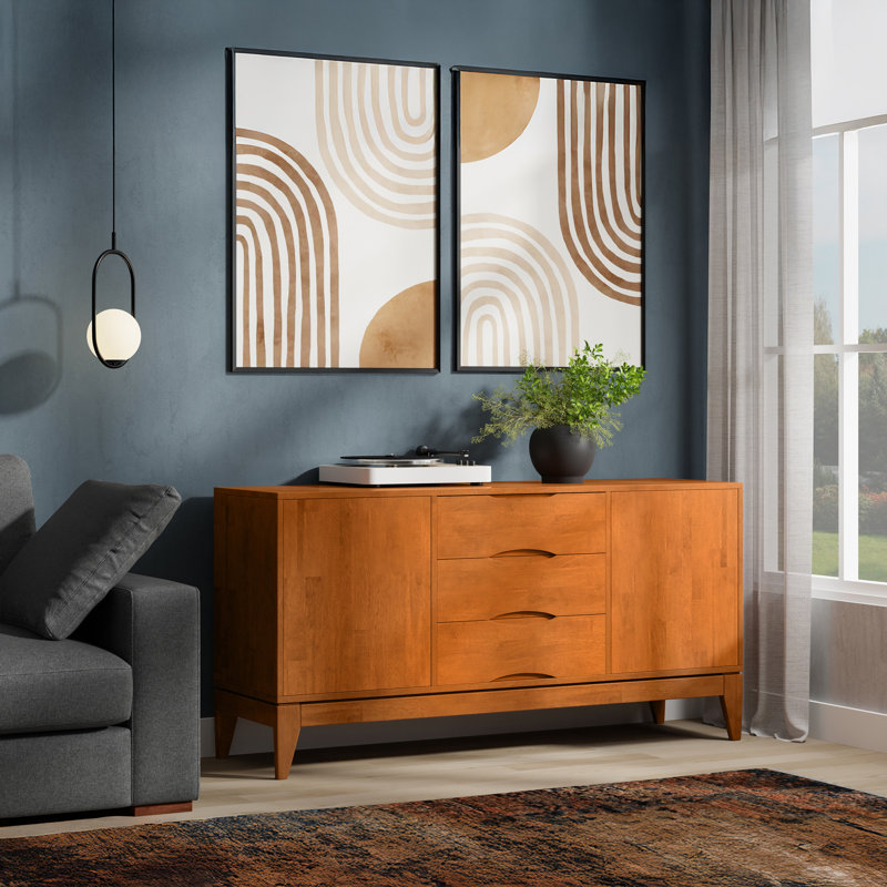 Harper 60"W Solid Wood Mid-Century 2-Door Sideboard Buffet with 3 Drawers, Brown