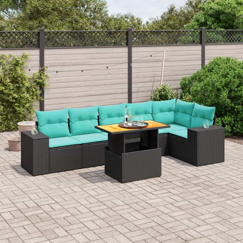  7 Piece Patio Sofa Set With Cushions Poly Rattan, Black, Green