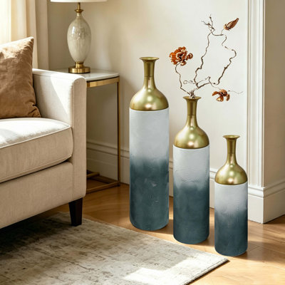 Ensemble de 3 vases élégants en métal, vases de sol à motif de feuilles, grands vases pour la décoration intérieure, décoration de salon et d'entrée