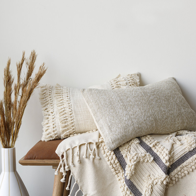 Tassels Throw Pillow Cover, Cream/Beige