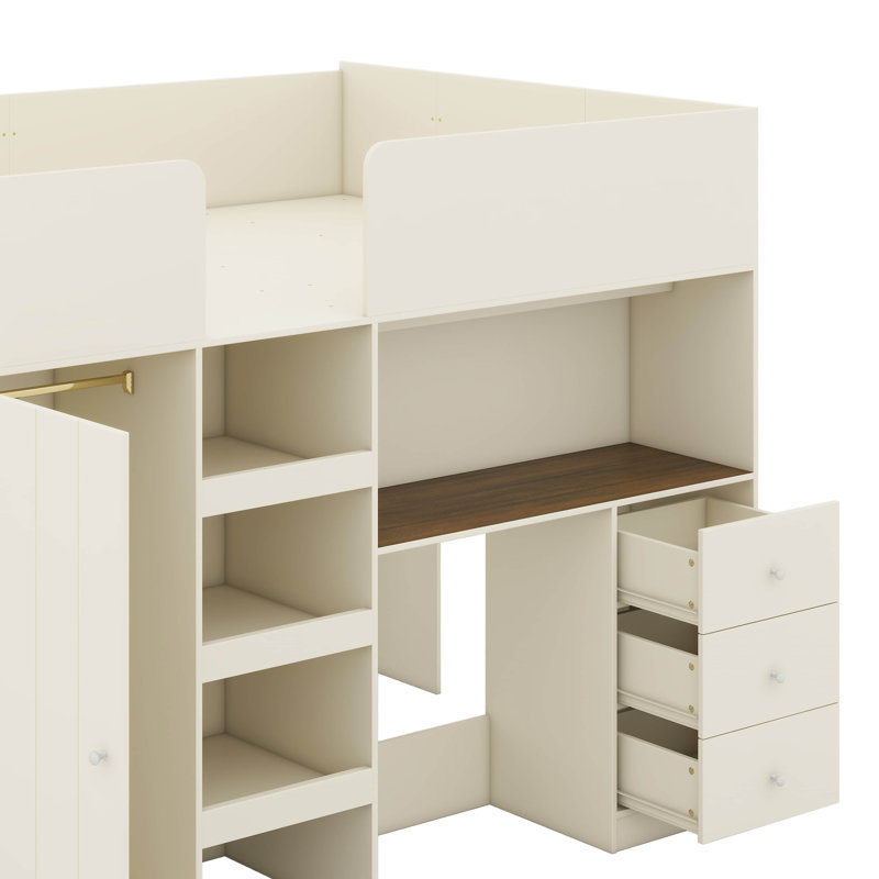Lit mezzanine double avec bureau, structure de lit mezzanine double en bois avec garde-robe intégrée, tablettes de rangement et tiroirs
