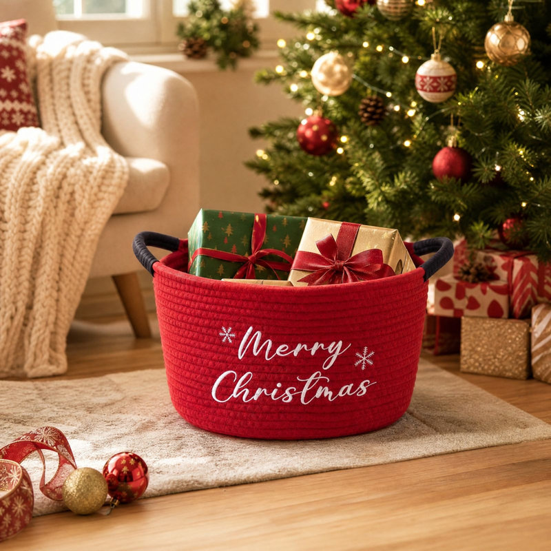 Panier de rangement cadeau de Noël avec emballage, panier de rangement tissé portable pour Noël