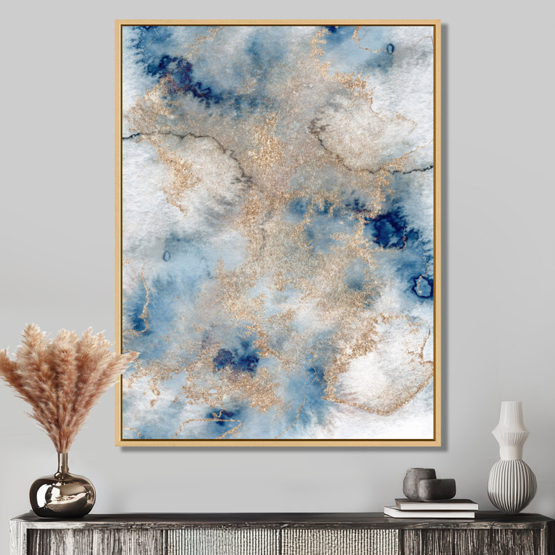 «Blue and Gold Marble Clouds I», reproduction sur toile, H 20 po x l 12 po, Reproduction avec cadre flottant, Érable