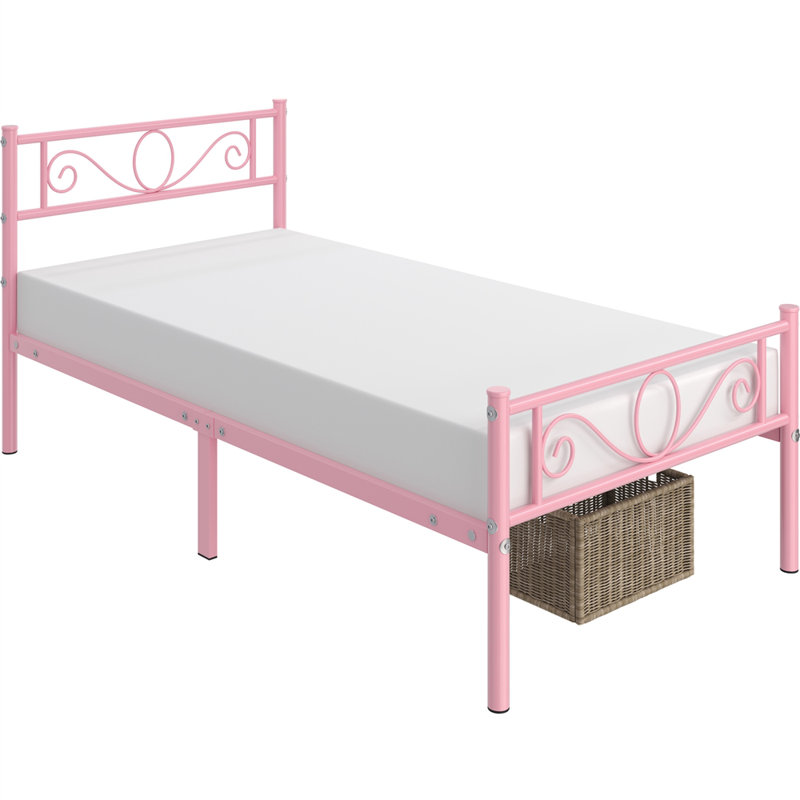 Metal Bed Frame with Headboard/Under-Bed Storage, Single (3'), Pink