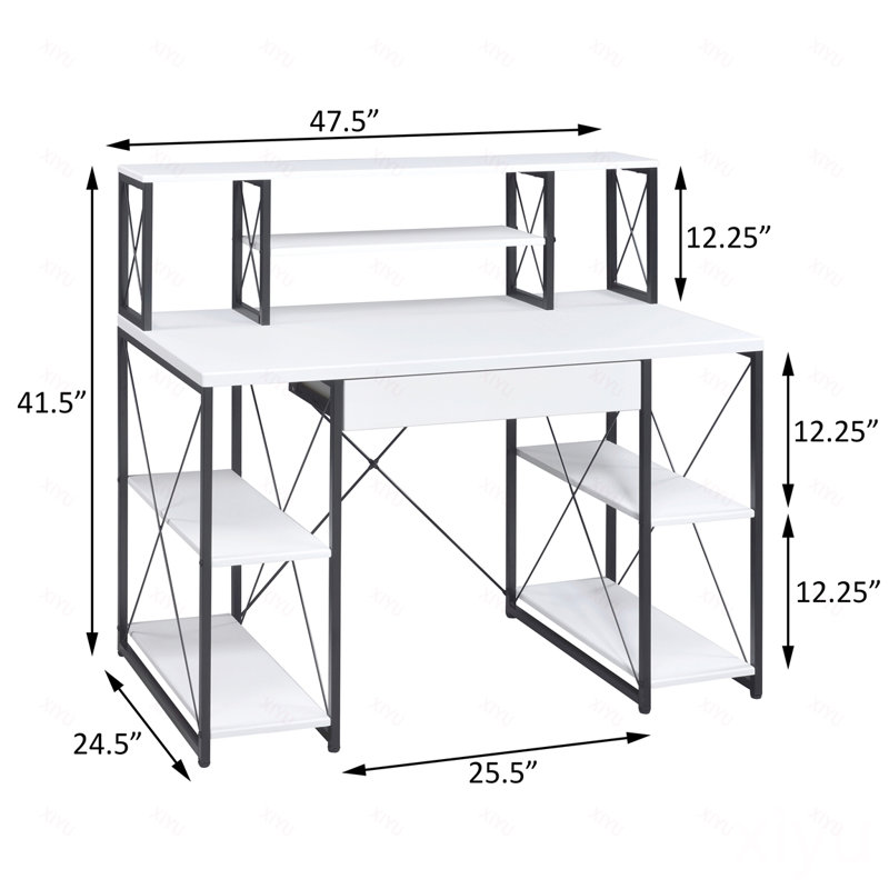 Bureau blanc et noir avec tablettes ouvertes et huche, Blanc