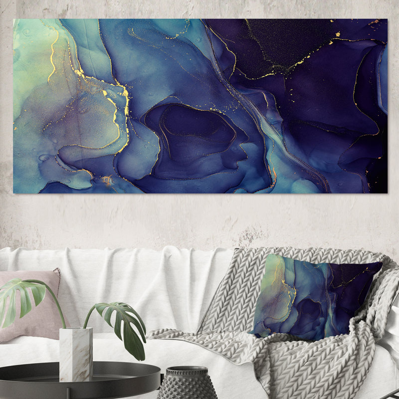 Abstrait, art mural sur toile, impression à l'encre liquide bleue, H 28 po x l 60 po, Toile tendue, Sans cadre