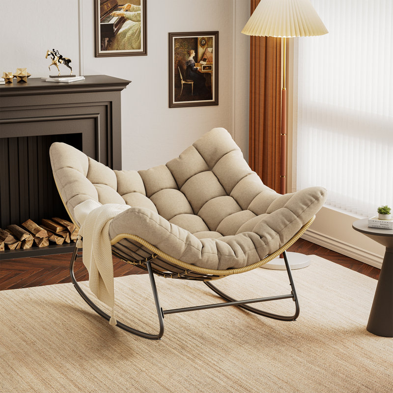 Upholstered Rocking Accent Chair, Oversize Papasan Chair, Beige Polyester Blend