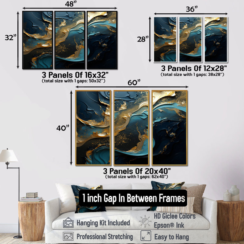 Ensemble de salon art mural liquide or turquoise et encre liquide, Cadre argenté flottant, H 40 po x l 60 po x P 1 po