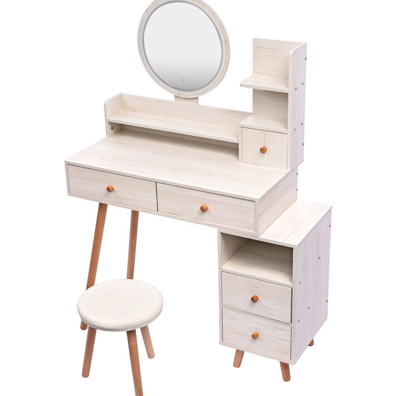 Fashionable Makeup Vanity With Cushioned Seat & Drawers - ,  L31.5"-43.2"X W15.8" X H48.1" 5 Led Mirror , Adjustable Length