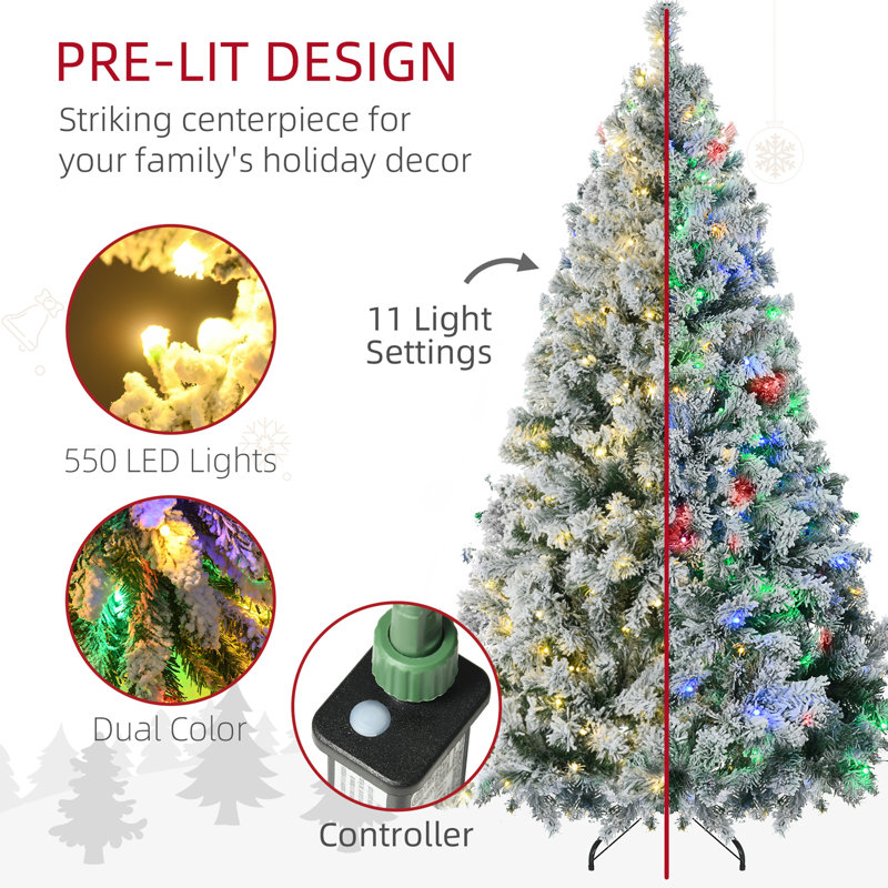  Grand arbre de Noël artificiel pré-éclairé avec 1149 branches floquées par la neige, 550 lumières DEL blanc chaud ou coloré, base en acier