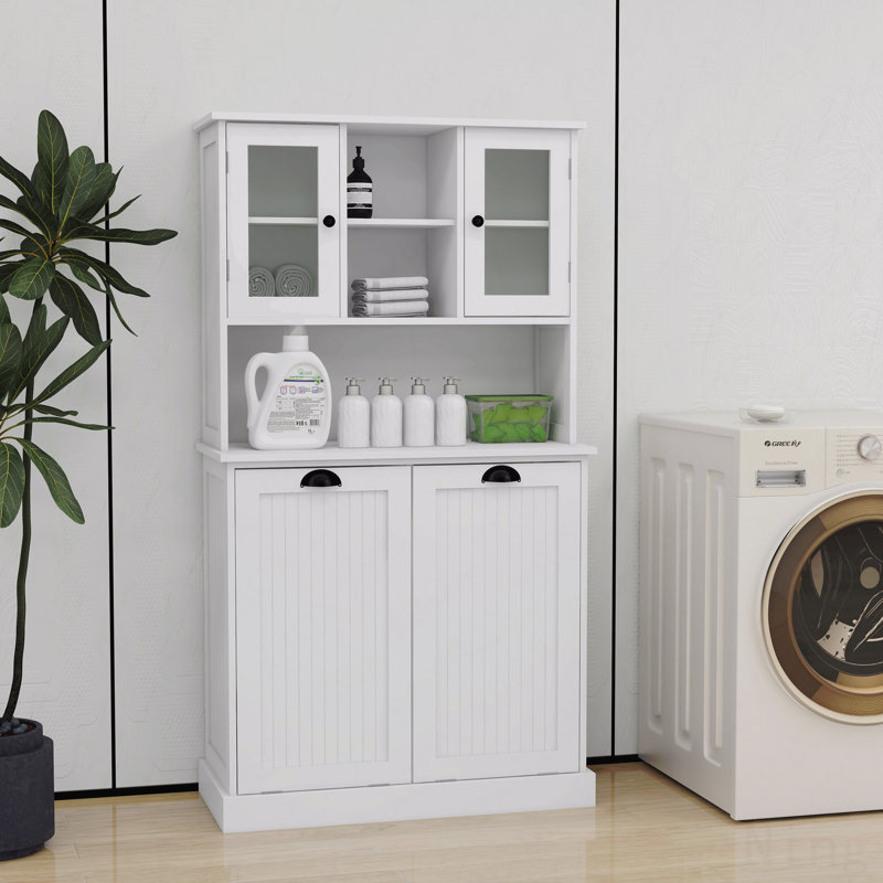 Tall Bathroom Cabinet With Two-Compartment Tilt-Out Dirty Laundry Basket - 2 Adjustable Shelves, White