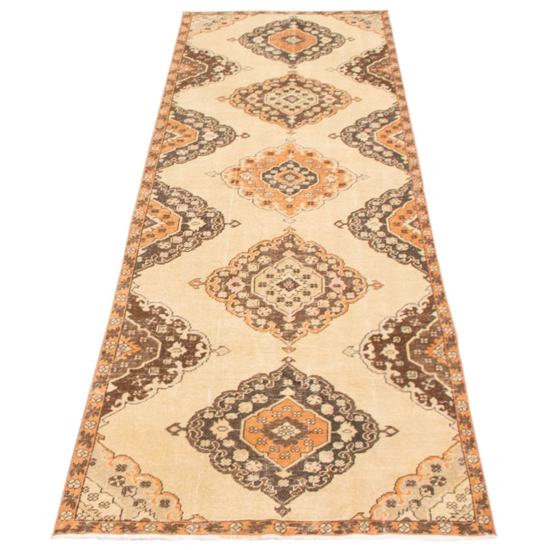 Tapis de couloir unique en laine noué à la main style années 1990 de 3 pi 7 po x 11 pi 7 po Morillo