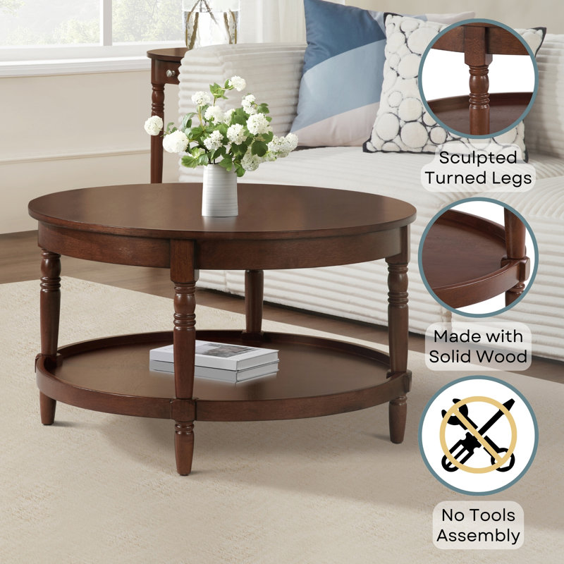 Mayall 30" No Tools Round Coffee Table with Shelf, Espresso
