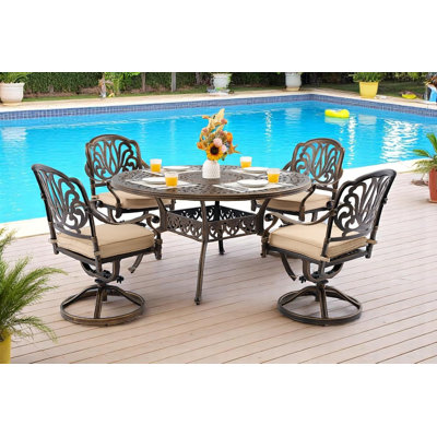 Ensemble repas d'extérieur en fonte d'aluminium avec coussin plus épais et trou de parasol pour terrasse (chaise pivotante en bronze (Elizabeth), 5 pièces (table ronde de 54 po))