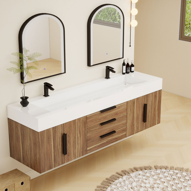 Jessica 72'' Wall-Mounted Single Bathroom Vanity, Natural Oak