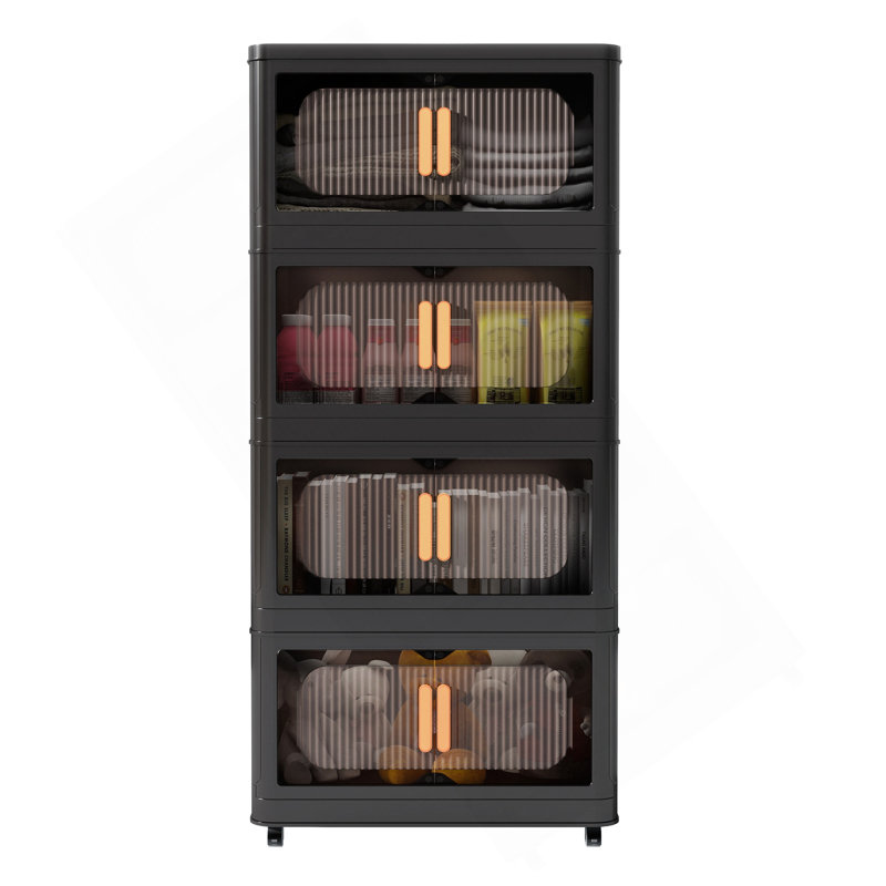 Noir, armoire de rangement pliante latérale de 20 po de large, 4 niveaux, 19,69 po x 11,81 po x 40,55 po, bacs de rangement pliables avec porte magnétique, armoire de rangement en plastique avec roues