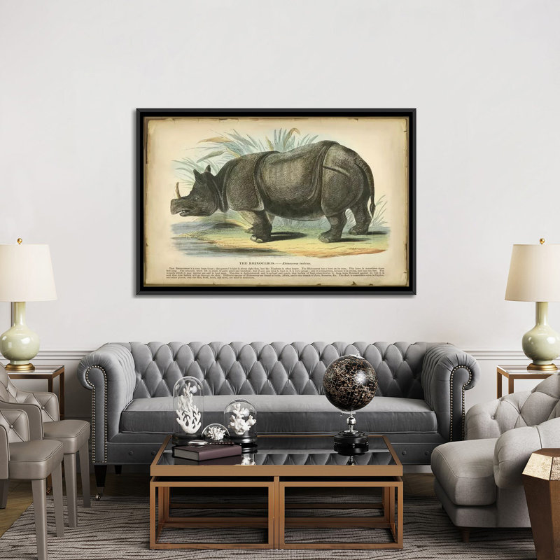 « rhino », reproduction sur toile, H 18 po x l 26 po x P 1,5 po, Toile avec cadre noir, Pas de tapis