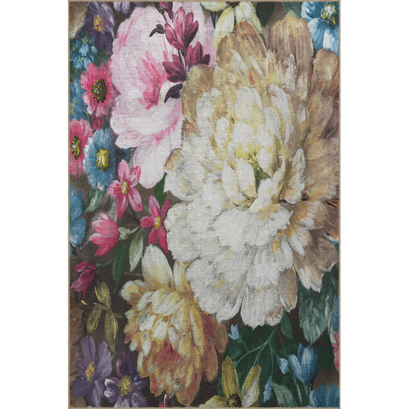 Multi-Colored Floral and Rose Patterned Creative Modern Decorative Rug, Rectangle 5'1" x 7'6"