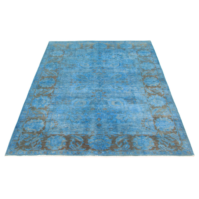 Tapis bleu en laine noué à la main de conception unique 6 pi 1 po x 8 pi 9 po